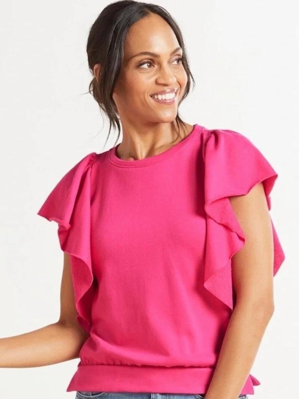 Evereve Fallon crew neck flutter sleeve short sleeve sweatshirt top M